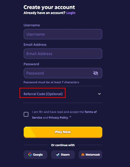 Referral Code Optional kenttä